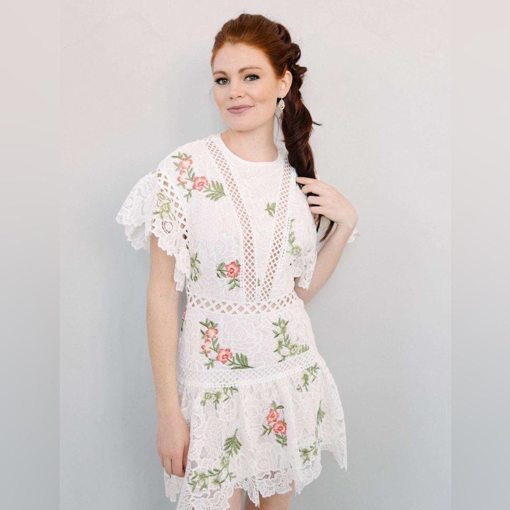 SAYLOR | Robbie White Lace Dress with Floral Embroidery balletcore